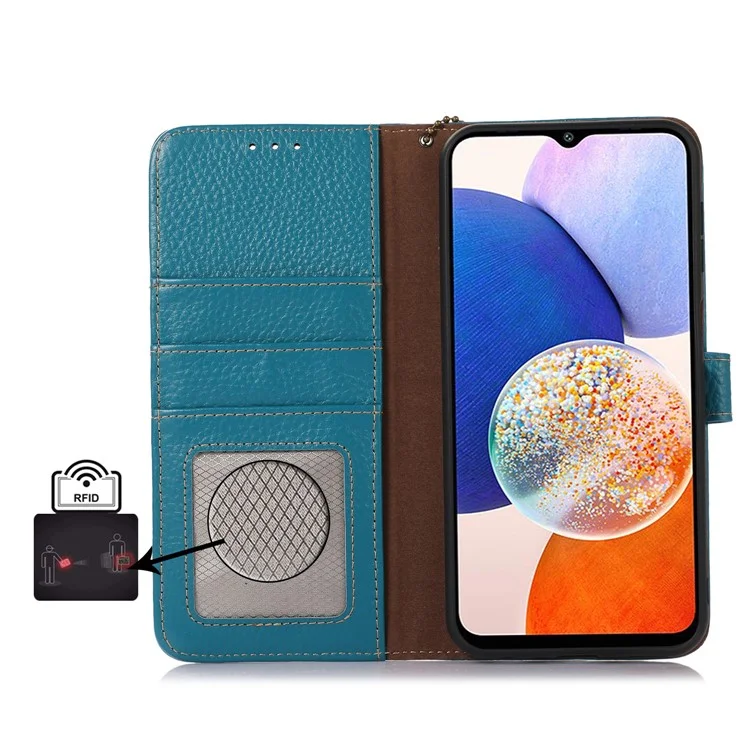 Para Sony Xperia 5 V RFID Blocking Phone Shell Cover Litchi Texture Stand Wallet Genuine Cow Leather Case - Blue