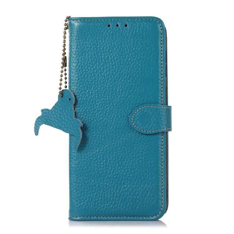 Para Sony Xperia 5 V RFID Blocking Phone Shell Cover Litchi Texture Stand Wallet Genuine Cow Leather Case - Blue
