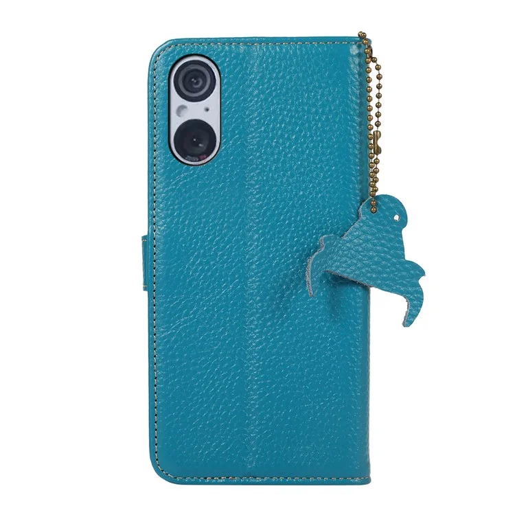 Para Sony Xperia 5 V RFID Blocking Phone Shell Cover Litchi Texture Stand Wallet Genuine Cow Leather Case - Blue