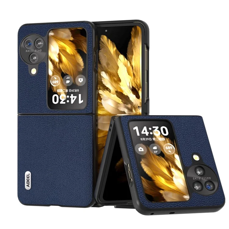 ABEEL для Oppo Find N3 Flip 5G Slim Genuine Cow Leather + PC Phone Case Litchi Texture Protective Cover - Blue