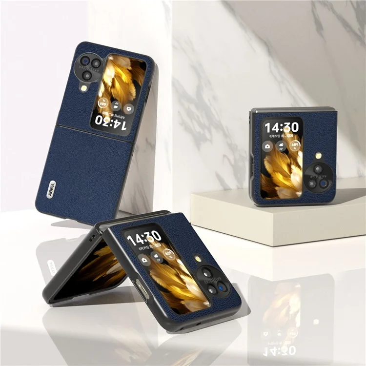 ABEEL для Oppo Find N3 Flip 5G Slim Genuine Cow Leather + PC Phone Case Litchi Texture Protective Cover - Blue