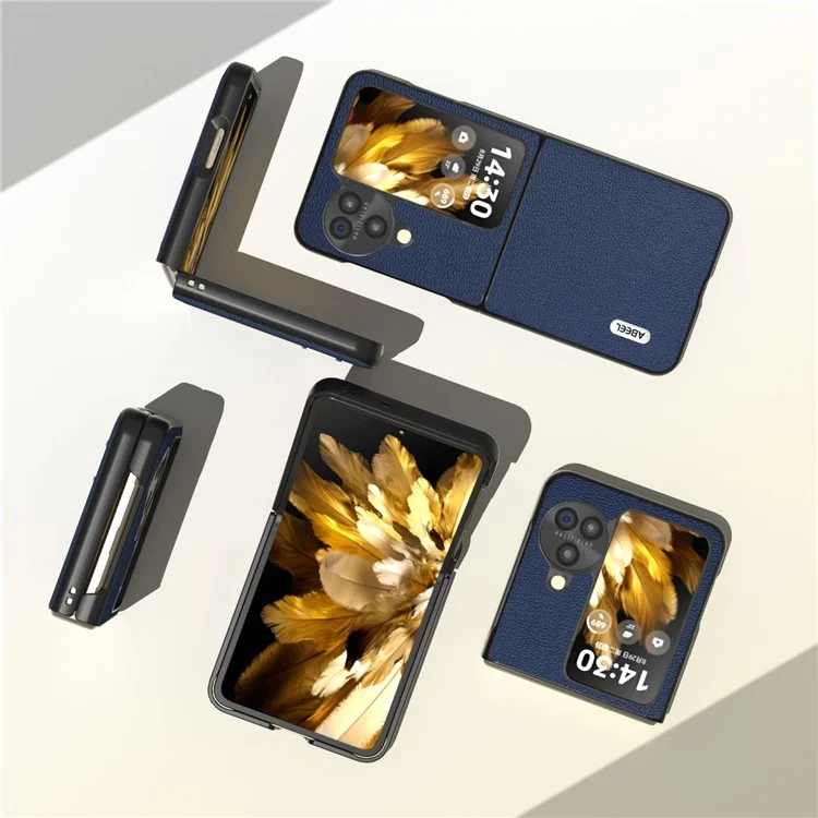 ABEEL для Oppo Find N3 Flip 5G Slim Genuine Cow Leather + PC Phone Case Litchi Texture Protective Cover - Blue