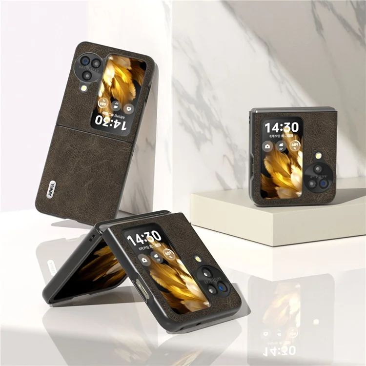ABEEL Pour Oppo Find N3 Flip 5G Étui de protection anti-rayures en texture de peau de litchi en cuir PU et PC - Kaki