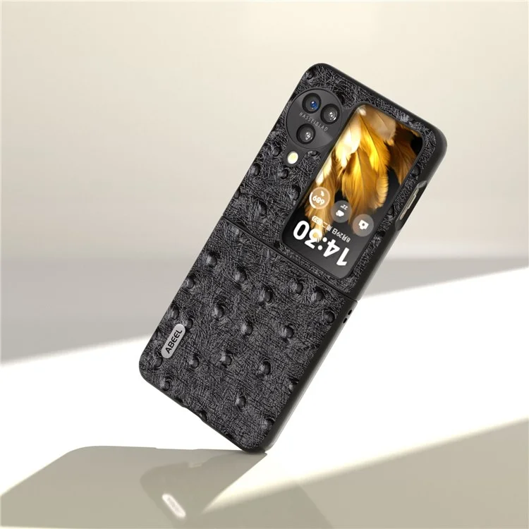 ABEEL per Oppo Find N3 Flip 5G Custodia protettiva anti-graffio in vera pelle di vacca + PC con texture struzzo - Nero