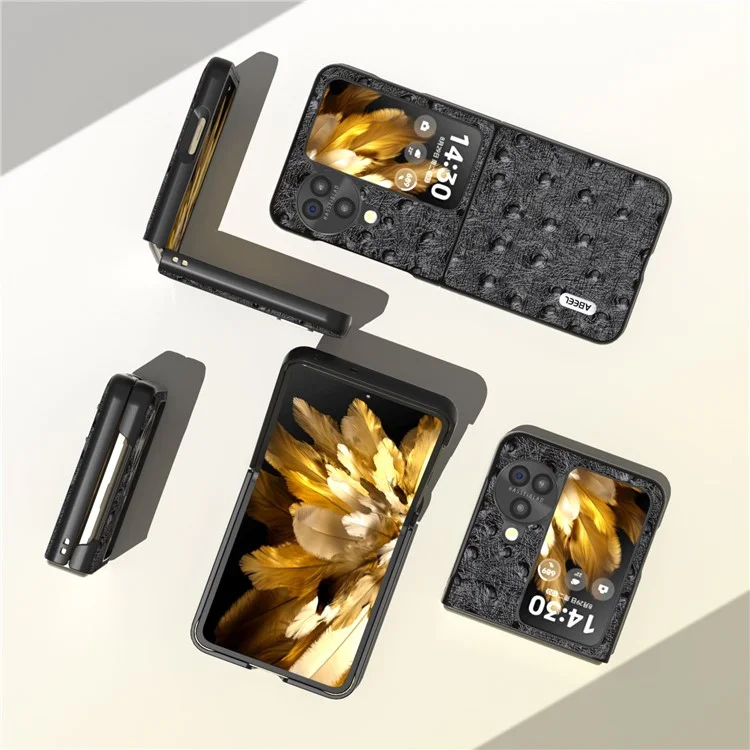 ABEEL per Oppo Find N3 Flip 5G Custodia protettiva anti-graffio in vera pelle di vacca + PC con texture struzzo - Nero