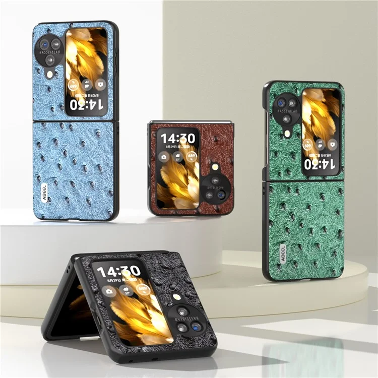 ABEEL per Oppo Find N3 Flip 5G Custodia protettiva anti-graffio in vera pelle di vacca + PC con texture struzzo - Nero