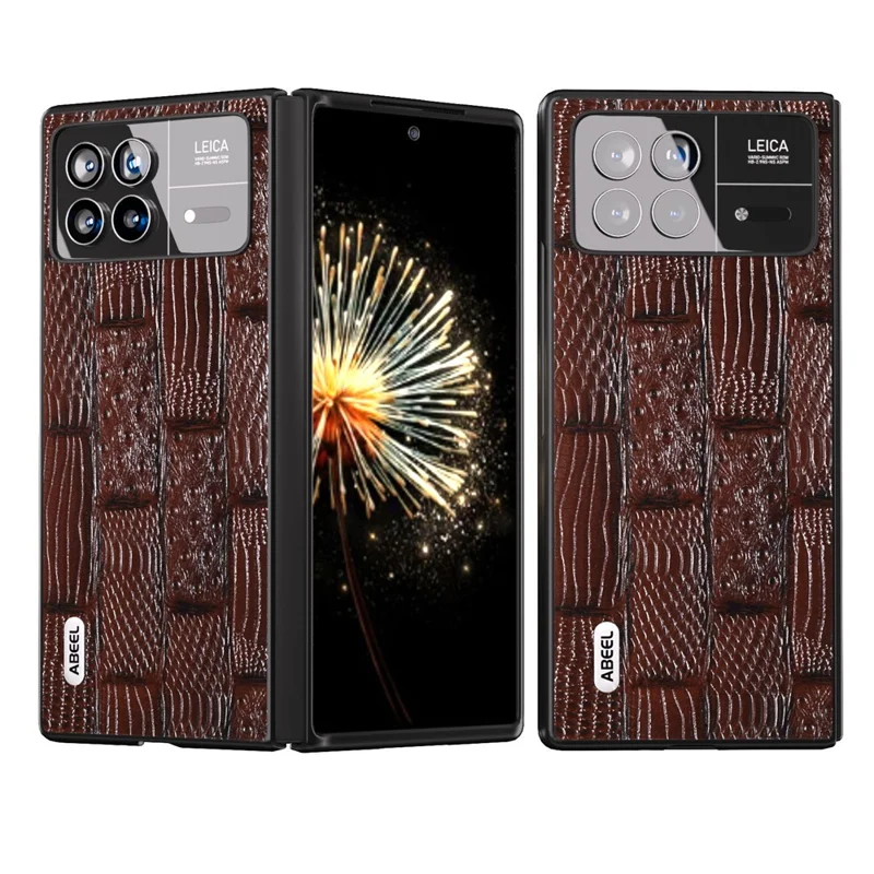 ABEEL For Xiaomi Mix Fold 3 5G Genuine Cow Leather+Hard PC Shell Mahjong Texture Drop-Proof Protective Phone Cover - Brown