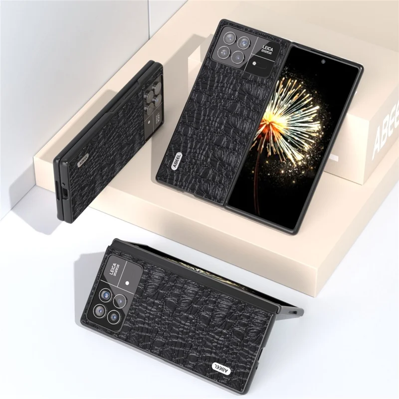 ABEEL For Xiaomi Mix Fold 3 5G Genuine Cow Leather+PC No-Slip Case Canopy Texture Phone Cover - Black