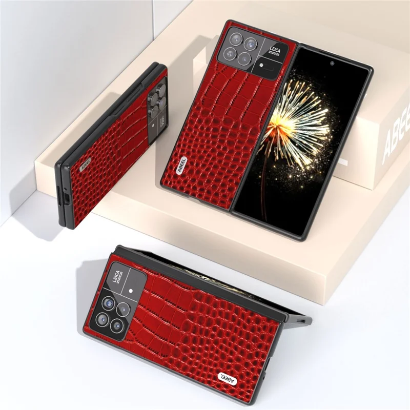 ABEEL Para Xiaomi Mix Fold 3 5G Genuíno Couro de Vaca + Caso Protetor PC Textura de Crocodilo Anti-Arranhões - Vermelho