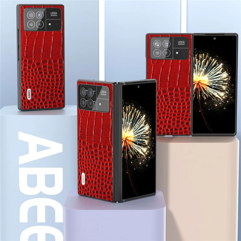 ABEEL Para Xiaomi Mix Fold 3 5G Genuíno Couro de Vaca + Caso Protetor PC Textura de Crocodilo Anti-Arranhões - Vermelho