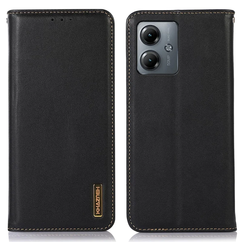 KHAZNEH Genuine Cow Leather Phone Case for Motorola Moto G14 4G RFID Blocking Wallet Stand Cover - Black