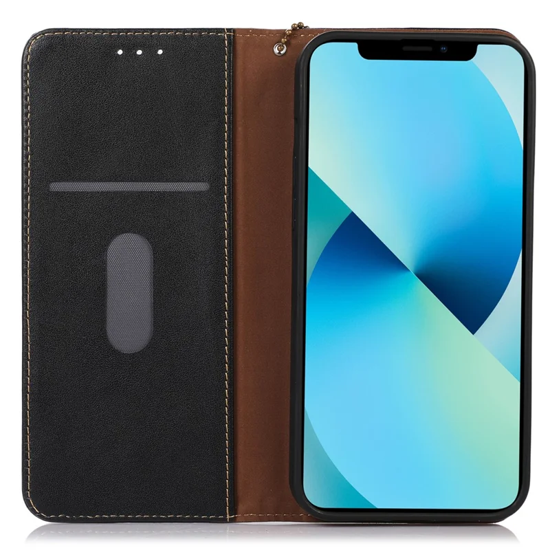 KHAZNEH Genuine Cow Leather Phone Case for Motorola Moto G14 4G RFID Blocking Wallet Stand Cover - Black