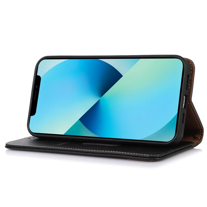 KHAZNEH Genuine Cow Leather Phone Case for Motorola Moto G14 4G RFID Blocking Wallet Stand Cover - Black