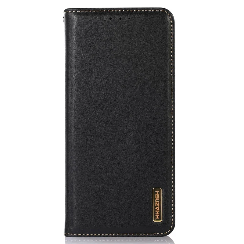 KHAZNEH Genuine Cow Leather Phone Case for Motorola Moto G14 4G RFID Blocking Wallet Stand Cover - Black