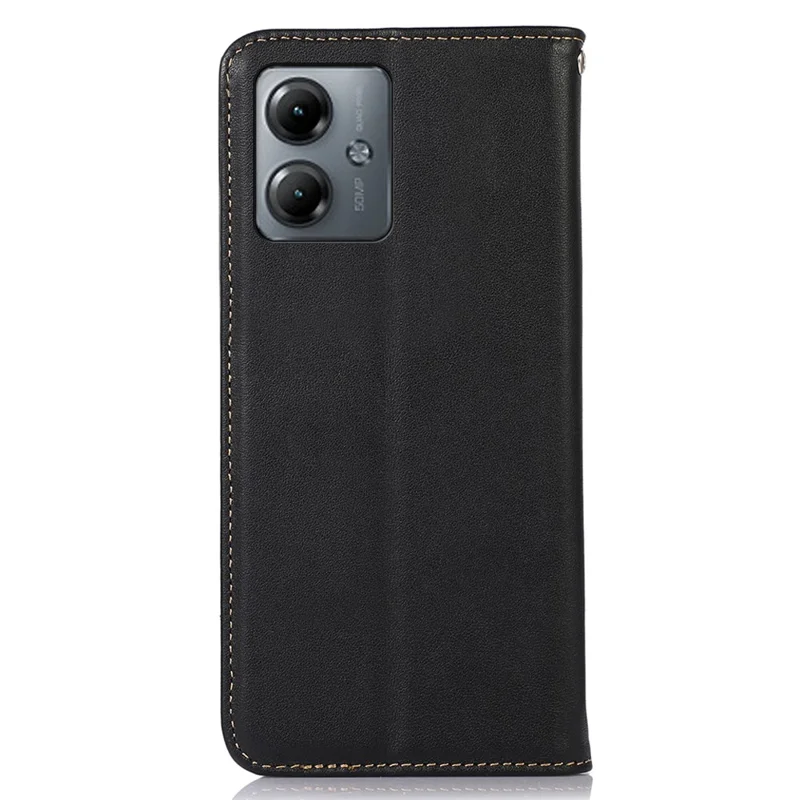 KHAZNEH Genuine Cow Leather Phone Case for Motorola Moto G14 4G RFID Blocking Wallet Stand Cover - Black