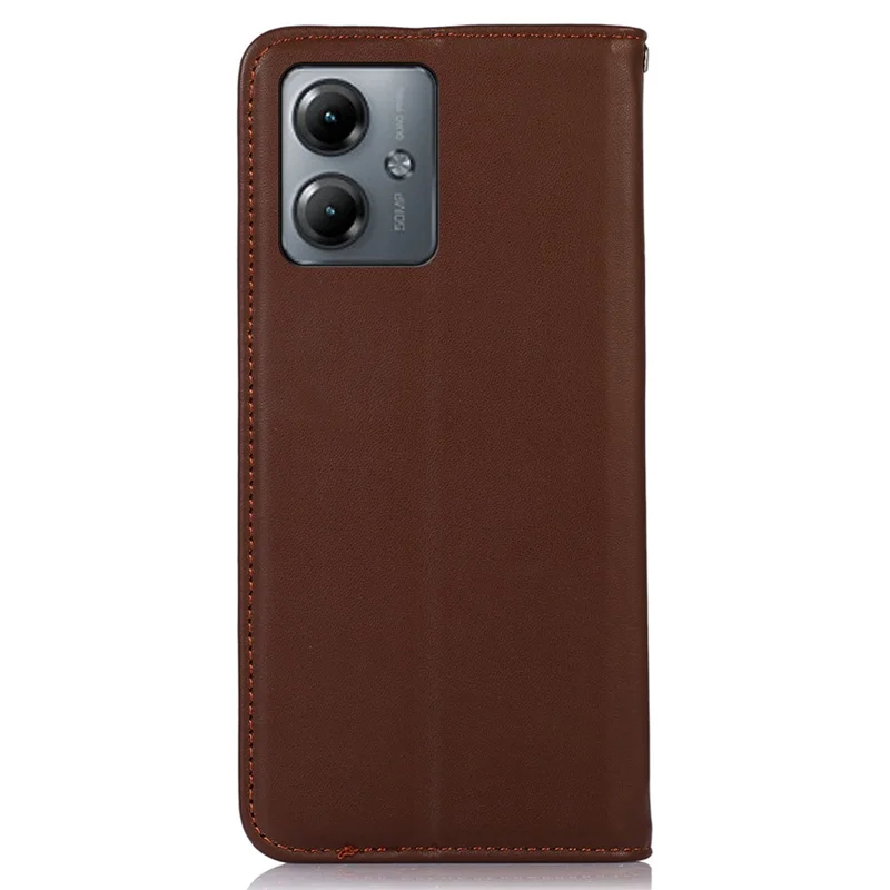 KHAZNEH Genuine Cow Leather Phone Case for Motorola Moto G14 4G RFID Blocking Wallet Stand Cover - Brown