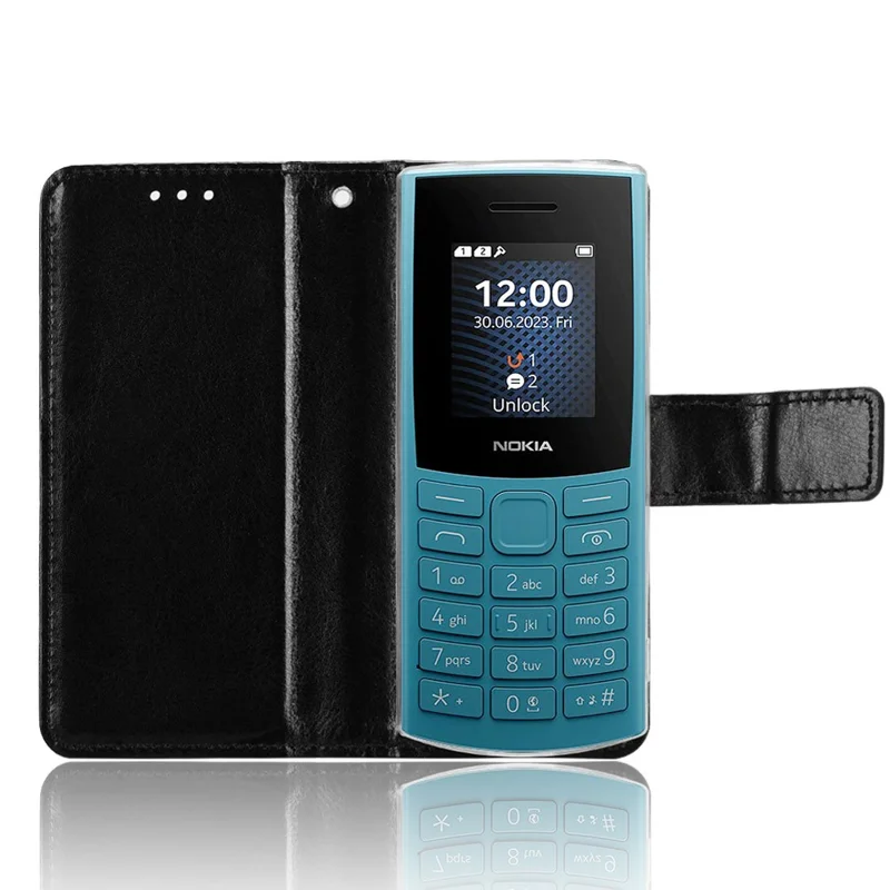 Phone Case for Nokia 105 4G (2023) Crazy Horse Texture PU Leather Anti-drop Wallet Stand Cover - Black