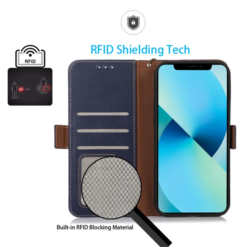 Genuine Cow Leather Phone Case for OnePlus Ace 2 Pro 5G RFID Blocking Wallet Stand Cover - Blue