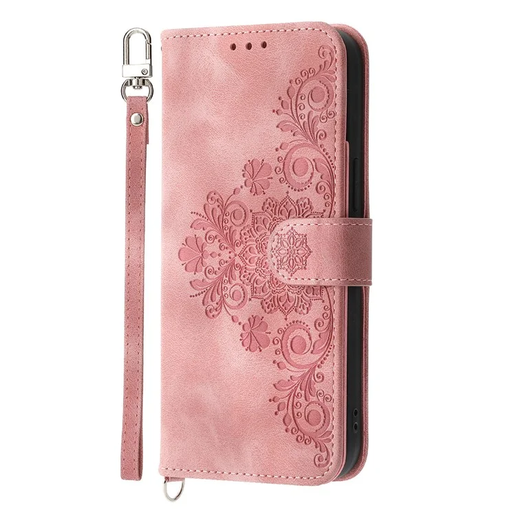 Für Huawei Mate 60 Stand Wallet Phone Case PU Leder Geprägtes Blumen-Telefongehäuse mit Handgelenkschlaufe + Schultergurt - Pink