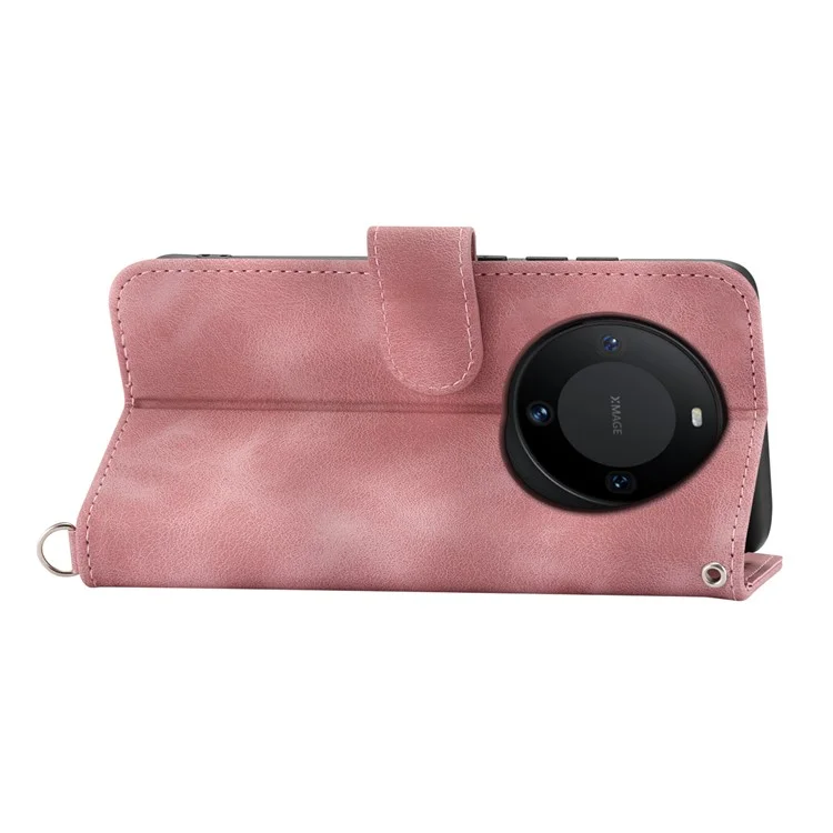 Für Huawei Mate 60 Stand Wallet Phone Case PU Leder Geprägtes Blumen-Telefongehäuse mit Handgelenkschlaufe + Schultergurt - Pink