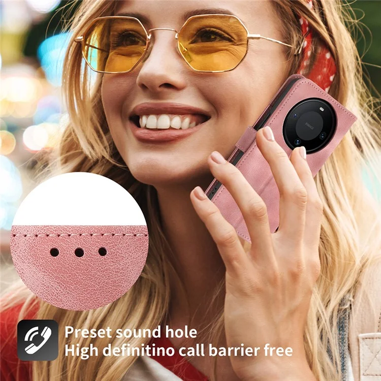 Für Huawei Mate 60 Stand Wallet Phone Case PU Leder Geprägtes Blumen-Telefongehäuse mit Handgelenkschlaufe + Schultergurt - Pink