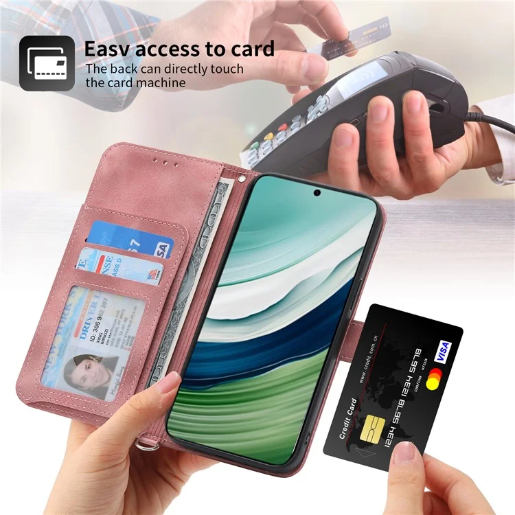 Für Huawei Mate 60 Stand Wallet Phone Case PU Leder Geprägtes Blumen-Telefongehäuse mit Handgelenkschlaufe + Schultergurt - Pink