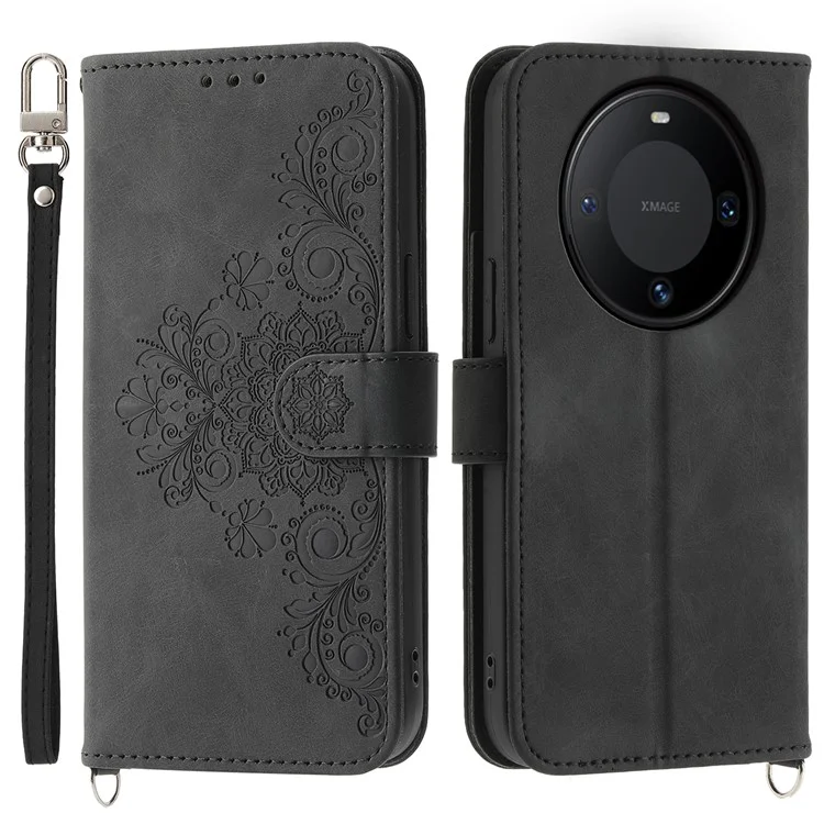 For Huawei Mate 60 Pro Phone Leather Case Imprinted Flower Stand Wallet Cover with Wrist Strap + Shoulder Strap - Black