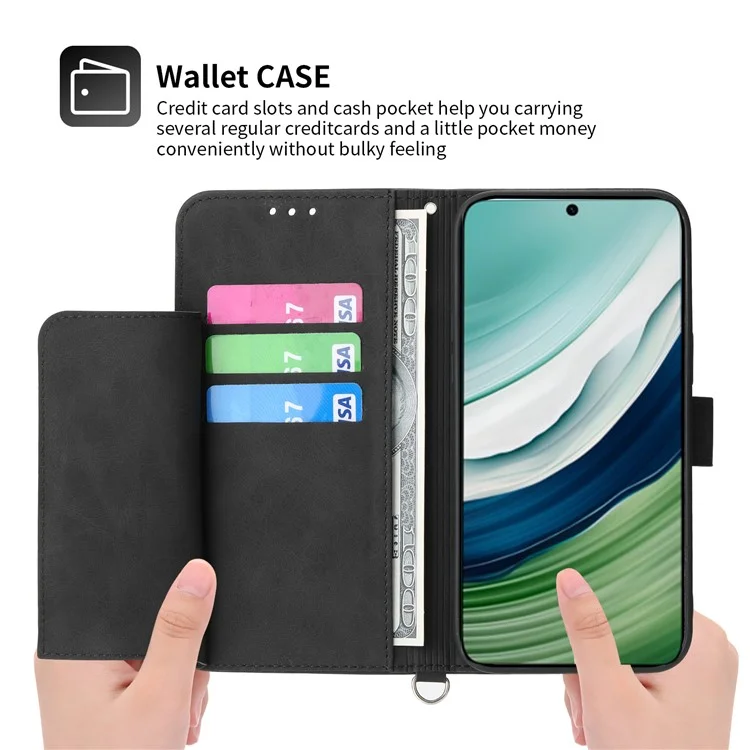 For Huawei Mate 60 Pro Phone Leather Case Imprinted Flower Stand Wallet Cover with Wrist Strap + Shoulder Strap - Black