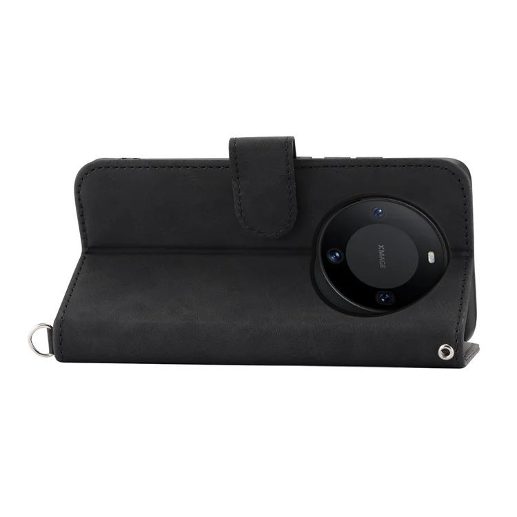 For Huawei Mate 60 Pro Phone Leather Case Imprinted Flower Stand Wallet Cover with Wrist Strap + Shoulder Strap - Black