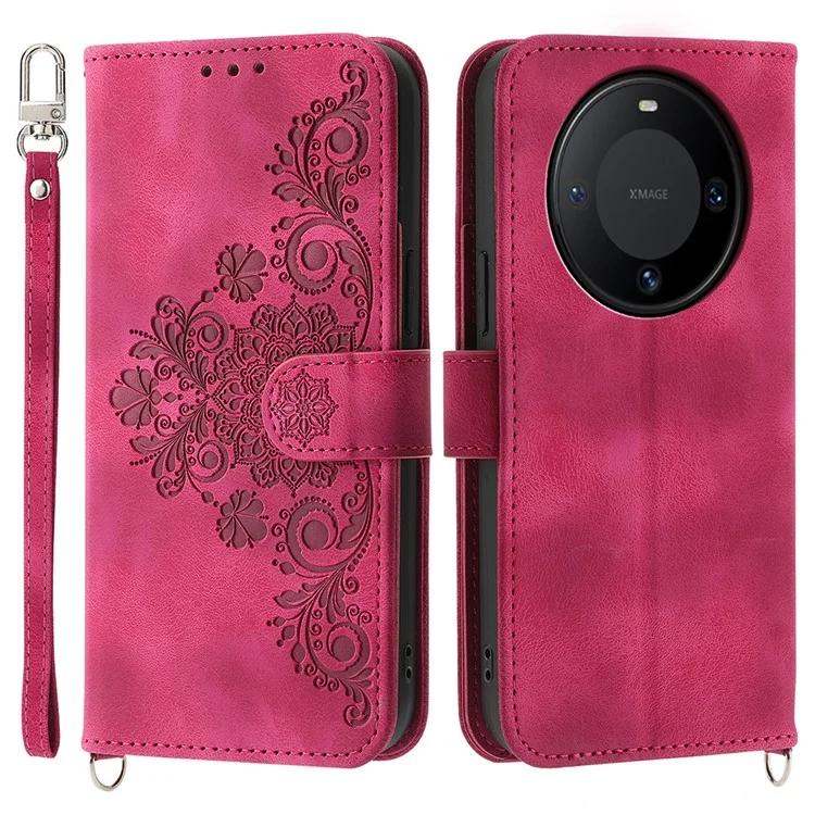 For Huawei Mate 60 Pro Phone Leather Case Imprinted Flower Stand Wallet Cover with Wrist Strap + Shoulder Strap - Wine Red