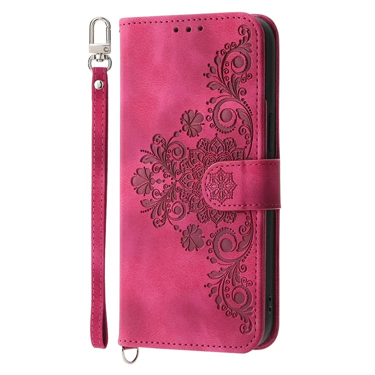 For Huawei Mate 60 Pro Phone Leather Case Imprinted Flower Stand Wallet Cover with Wrist Strap + Shoulder Strap - Wine Red