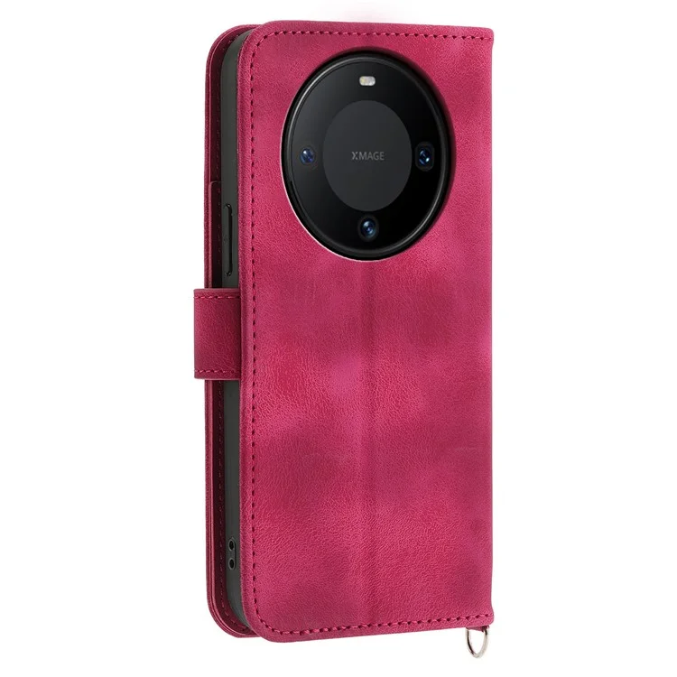 For Huawei Mate 60 Pro Phone Leather Case Imprinted Flower Stand Wallet Cover with Wrist Strap + Shoulder Strap - Wine Red
