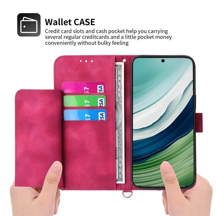 For Huawei Mate 60 Pro Phone Leather Case Imprinted Flower Stand Wallet Cover with Wrist Strap + Shoulder Strap - Wine Red