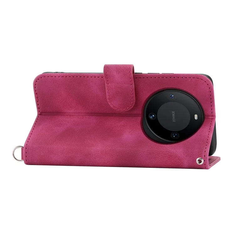 For Huawei Mate 60 Pro Phone Leather Case Imprinted Flower Stand Wallet Cover with Wrist Strap + Shoulder Strap - Wine Red