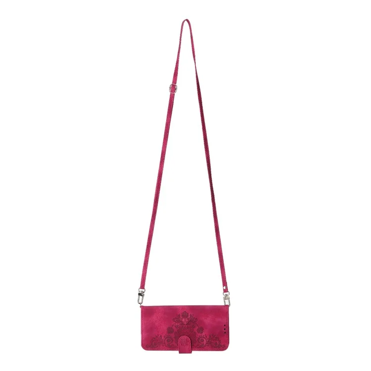 For Huawei Mate 60 Pro Phone Leather Case Imprinted Flower Stand Wallet Cover with Wrist Strap + Shoulder Strap - Wine Red