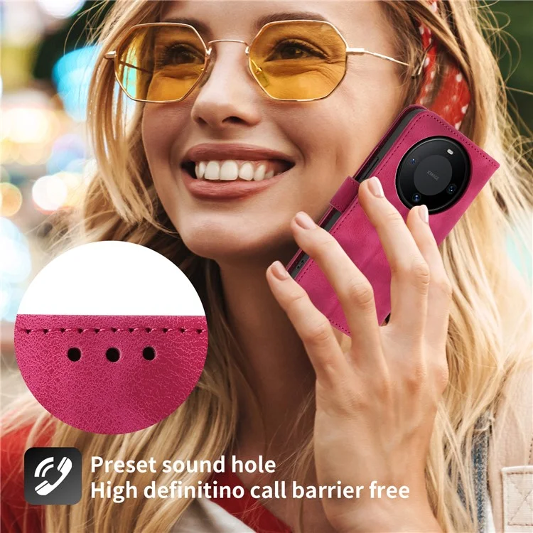 For Huawei Mate 60 Pro Phone Leather Case Imprinted Flower Stand Wallet Cover with Wrist Strap + Shoulder Strap - Wine Red