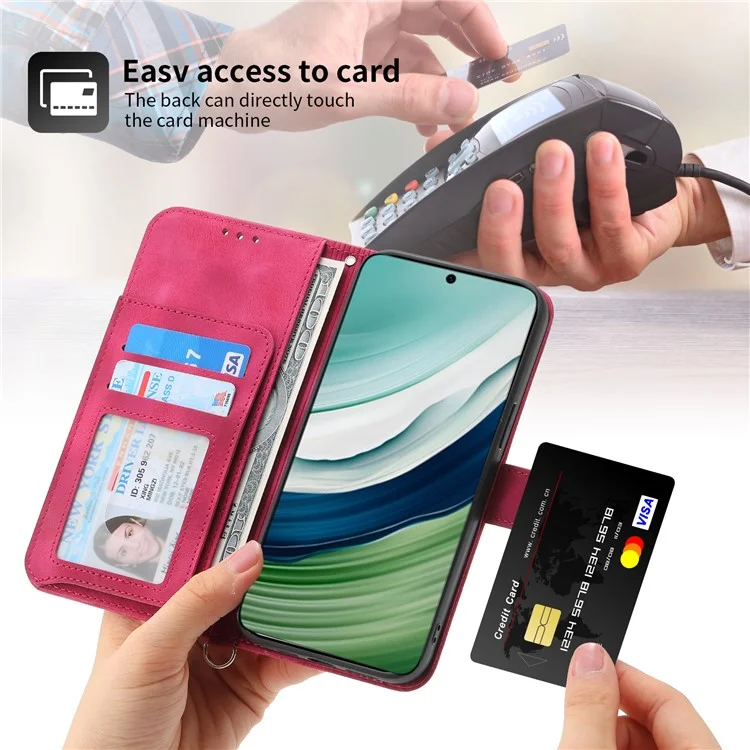 For Huawei Mate 60 Pro Phone Leather Case Imprinted Flower Stand Wallet Cover with Wrist Strap + Shoulder Strap - Wine Red