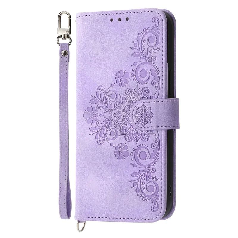 For Huawei Mate 60 Pro Phone Leather Case Imprinted Flower Stand Wallet Cover with Wrist Strap + Shoulder Strap - Light Purple