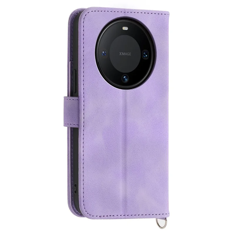 For Huawei Mate 60 Pro Phone Leather Case Imprinted Flower Stand Wallet Cover with Wrist Strap + Shoulder Strap - Light Purple