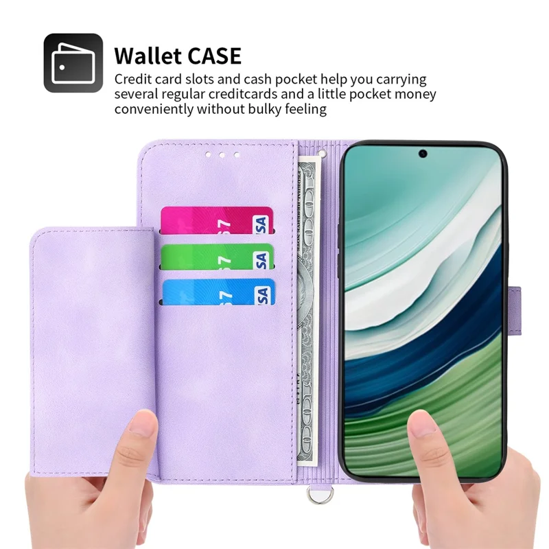 For Huawei Mate 60 Pro Phone Leather Case Imprinted Flower Stand Wallet Cover with Wrist Strap + Shoulder Strap - Light Purple