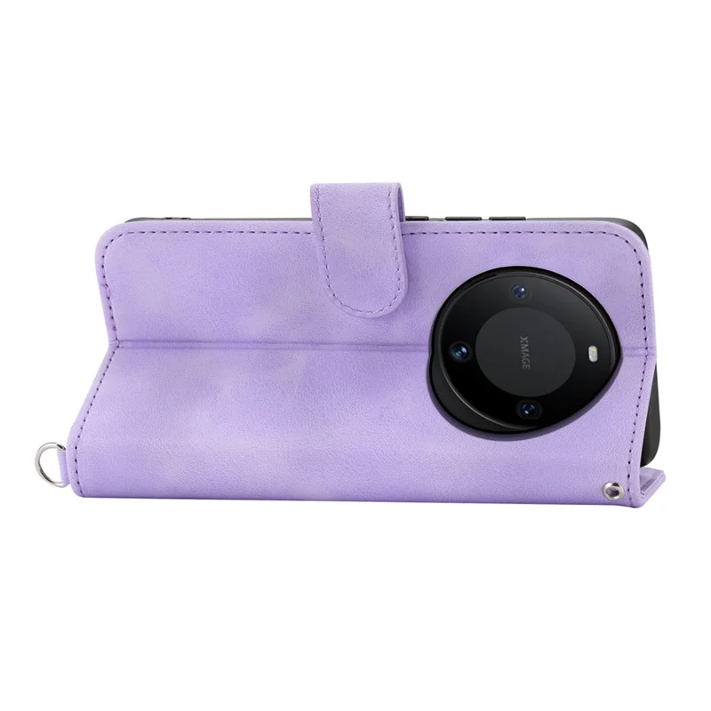 For Huawei Mate 60 Pro Phone Leather Case Imprinted Flower Stand Wallet Cover with Wrist Strap + Shoulder Strap - Light Purple