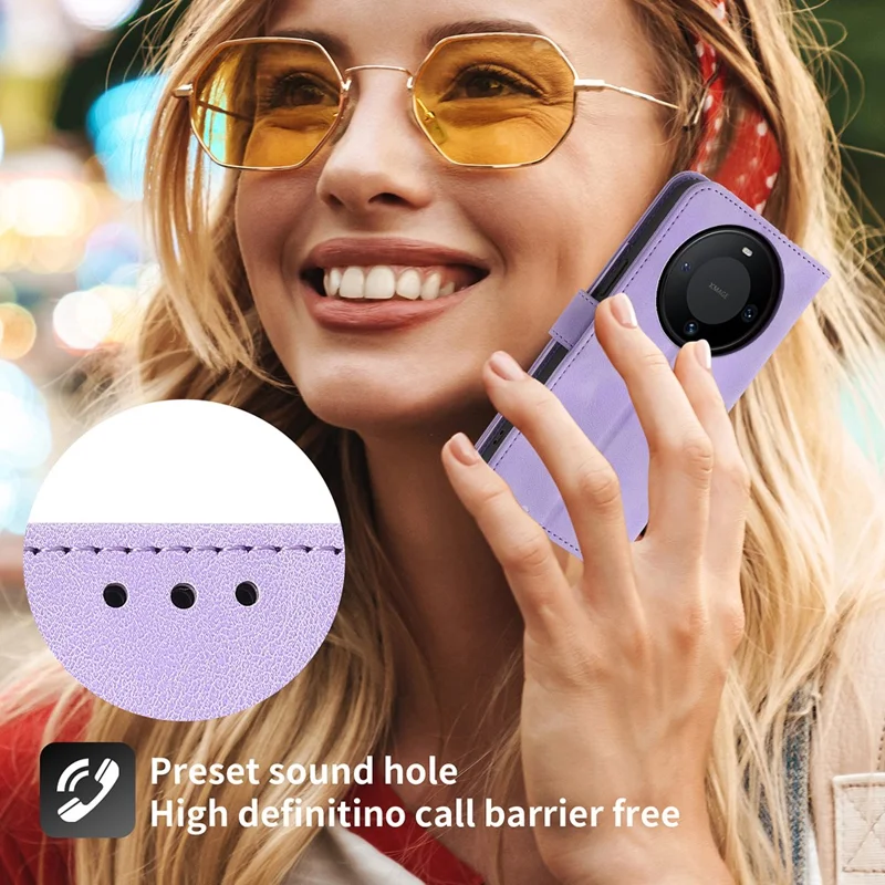 For Huawei Mate 60 Pro Phone Leather Case Imprinted Flower Stand Wallet Cover with Wrist Strap + Shoulder Strap - Light Purple