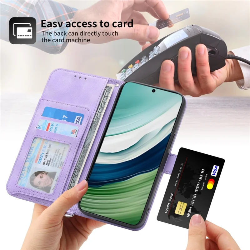 For Huawei Mate 60 Pro Phone Leather Case Imprinted Flower Stand Wallet Cover with Wrist Strap + Shoulder Strap - Light Purple