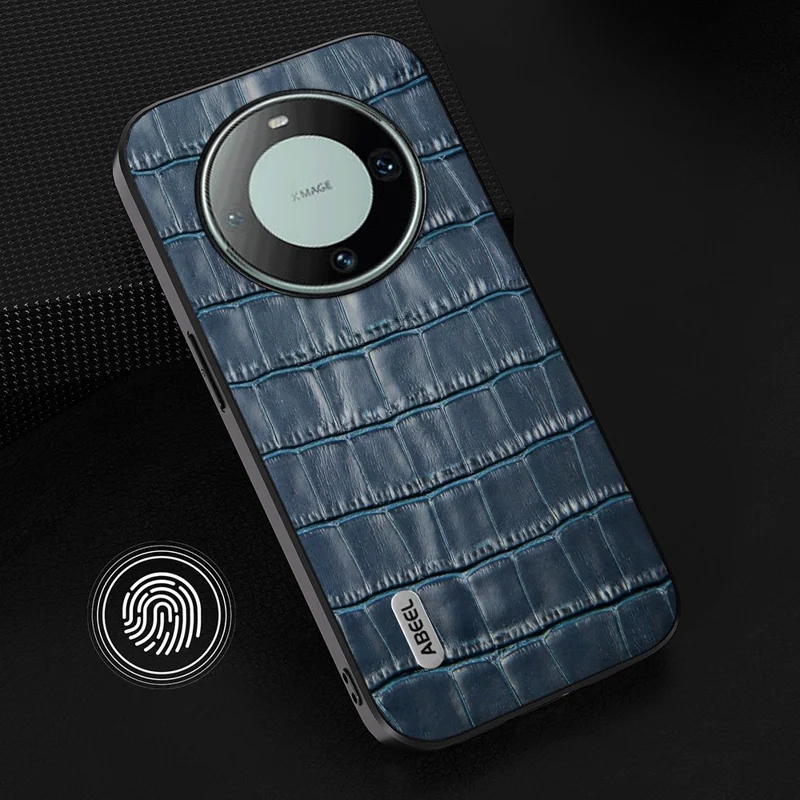 ABEEL For Huawei Mate 60 Cowhide Leather+TPU+PC Phone Case Crocodile Texture Smartphone Cover - Blue
