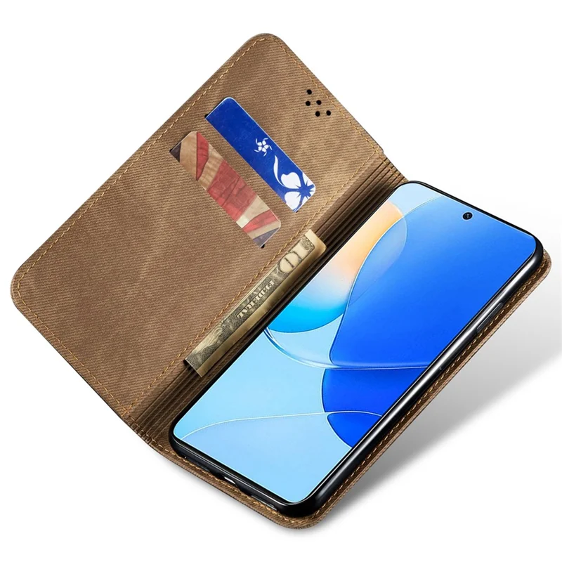 For Huawei Mate 60 Pro Wallet Phone Case PU Leather Jeans Cloth Texture Phone Stand Cover - Khaki
