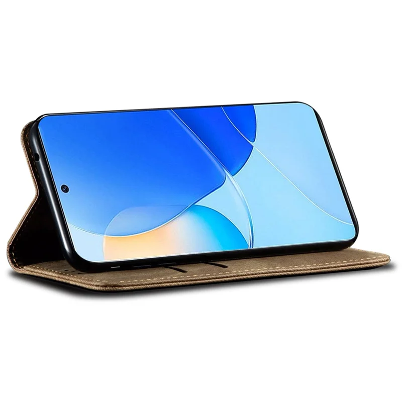For Huawei Mate 60 Pro Wallet Phone Case PU Leather Jeans Cloth Texture Phone Stand Cover - Khaki