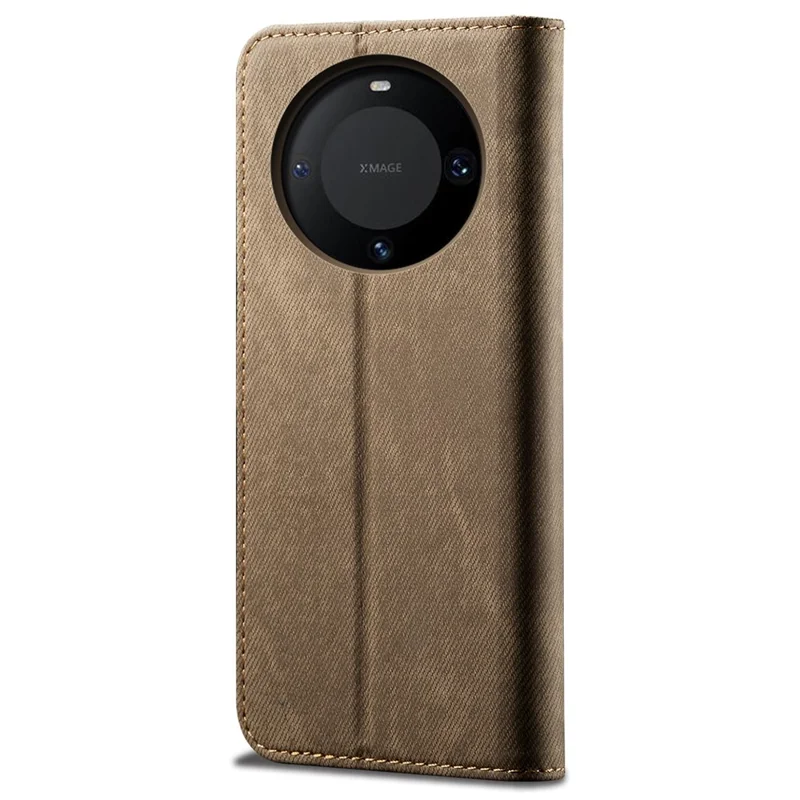 For Huawei Mate 60 Pro Wallet Phone Case PU Leather Jeans Cloth Texture Phone Stand Cover - Khaki