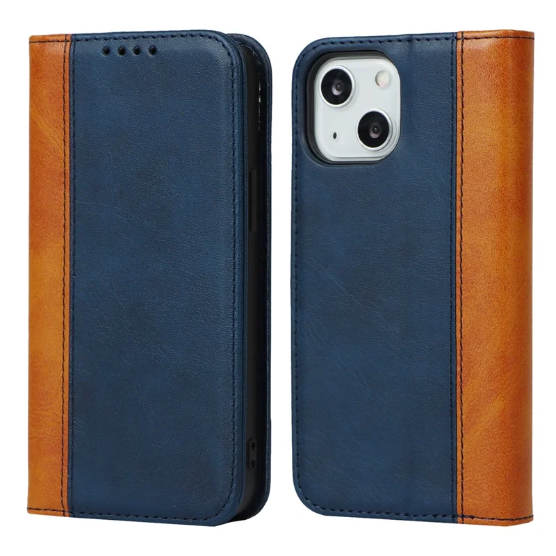 For iPhone 15 Plus PU Leather Phone Case Bi-color Splicing Anti-scratch Stand Wallet Cover - Blue+Yellow