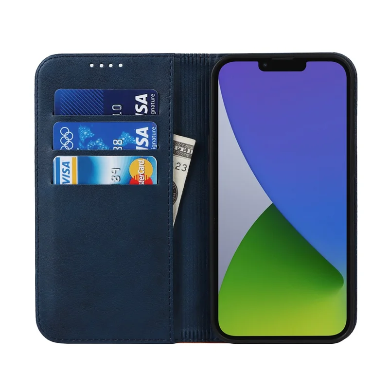 For iPhone 15 Plus PU Leather Phone Case Bi-color Splicing Anti-scratch Stand Wallet Cover - Blue+Yellow