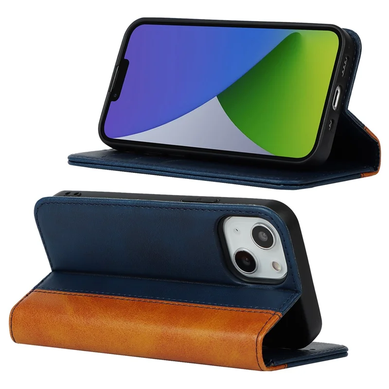 For iPhone 15 Plus PU Leather Phone Case Bi-color Splicing Anti-scratch Stand Wallet Cover - Blue+Yellow